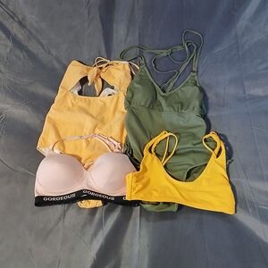 4 Piece Women's Bikini & Bra Set - Yellow, Green, Pink